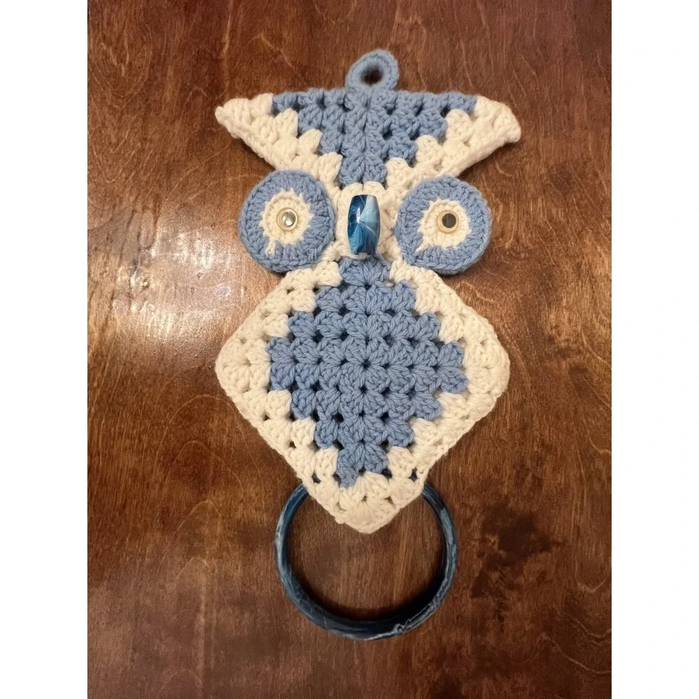 Vintage Granny Square OWL Crochet Towel Holder Blue & White
